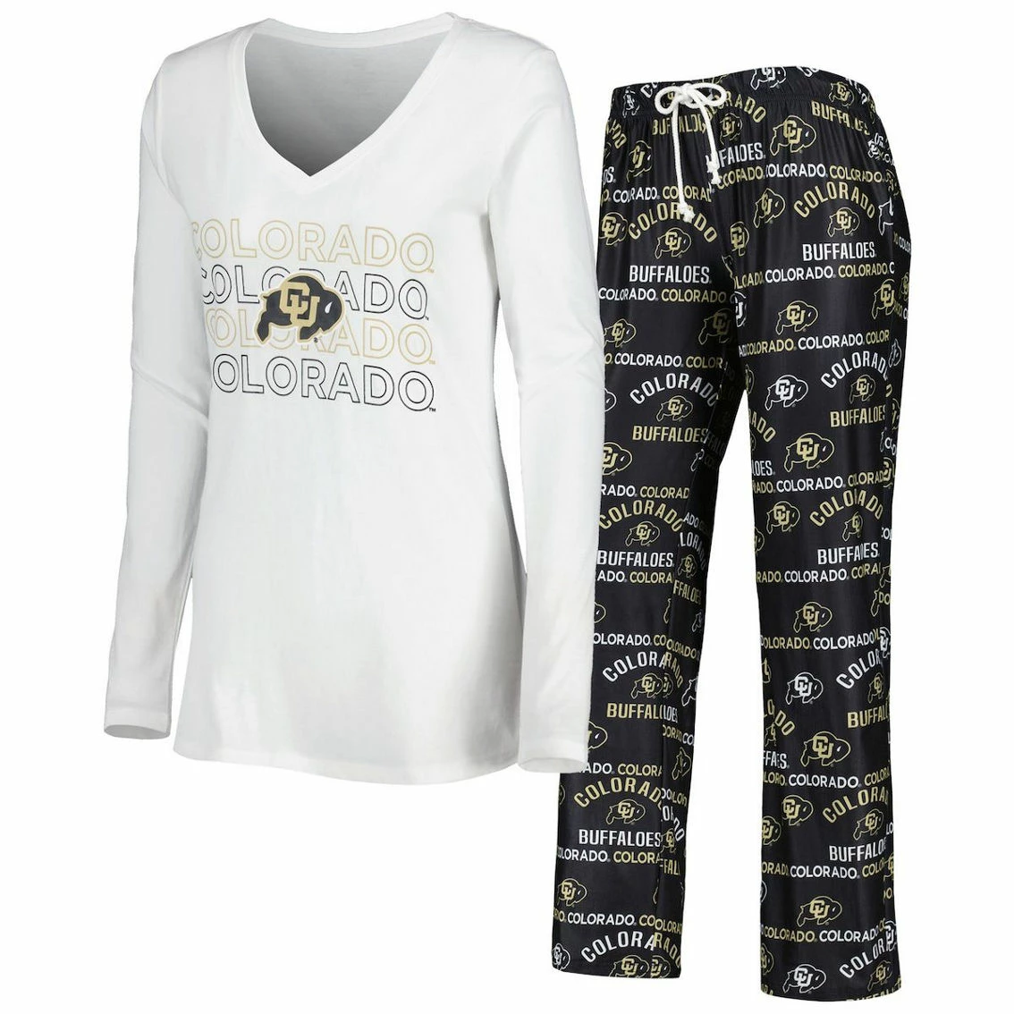 Concepts Sport Women's Black/White Colorado Buffaloes Breakthrough Allover Print Long Sleeve V-Neck T-Shirt And Pants Sleep Set 2 Concepts Sport Women's Black/White Colorado Buffaloes Breakthrough Allover Print Long Sleeve V-Neck T-Shirt And Pants Sleep Set - Image 2